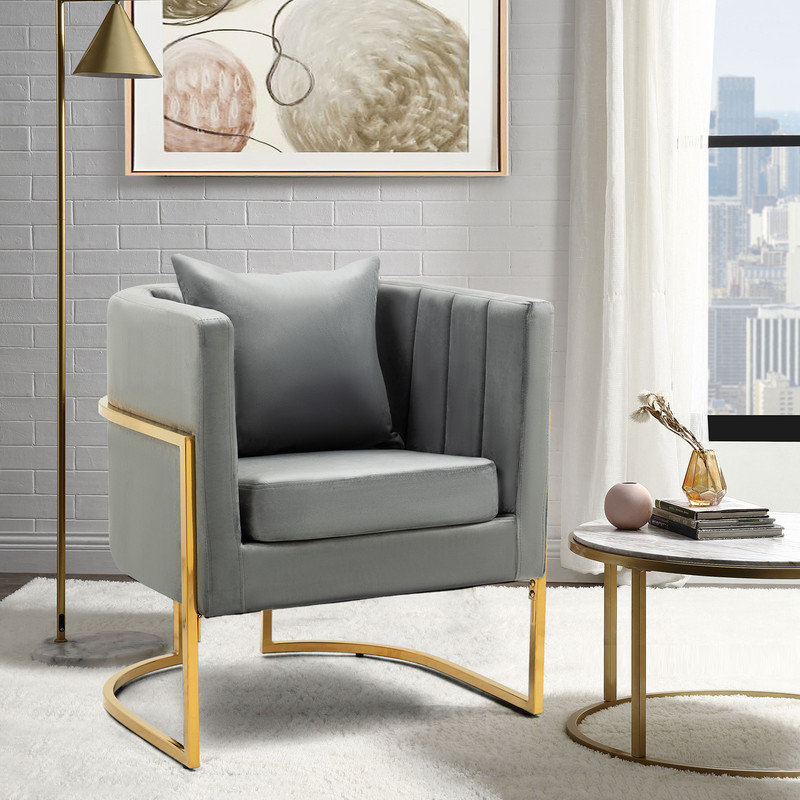 Fauteuil d'appoint demi-tonneau en velours avec coussin, Gris