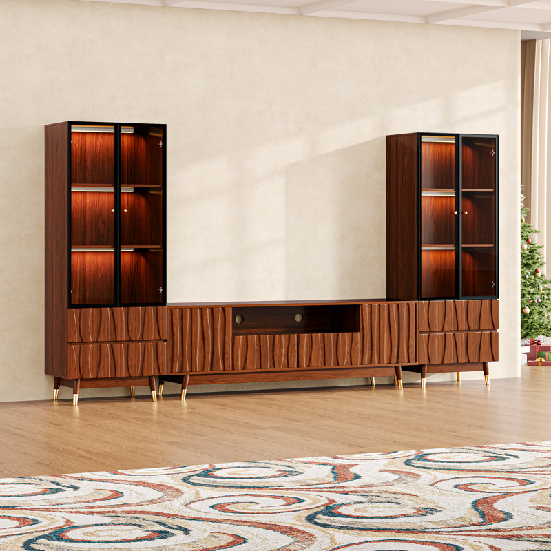 114.2''w Walnut Finish Entertainment Center For Tvs Up To 65", Mid-century Modern Wood Media Console Includes Tv Stand With Storage And Two 3-tier Display Case With 2 Drawers For Living Room And Bedroom, Brown
