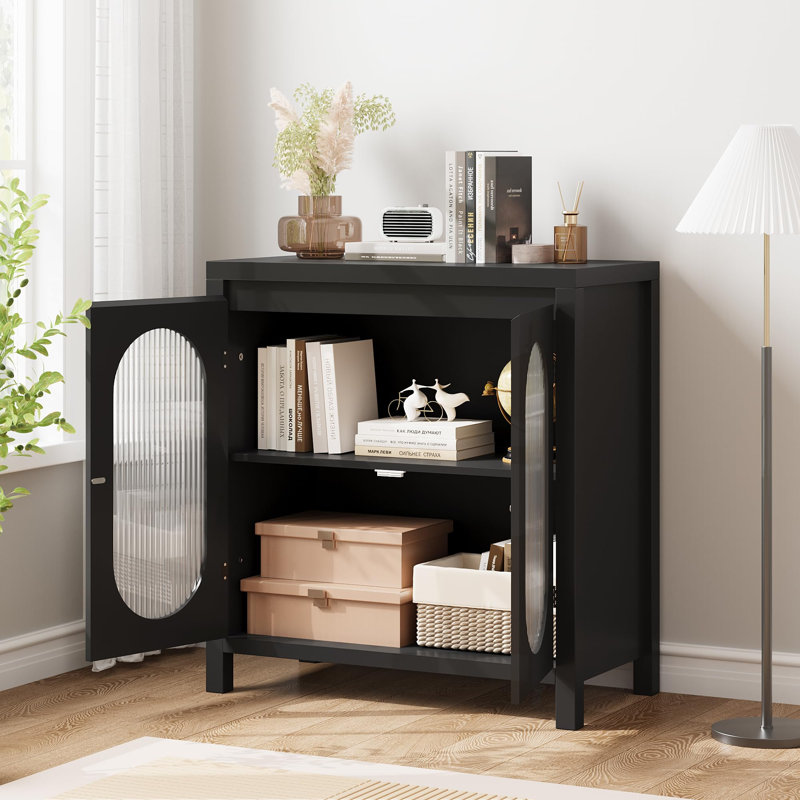 Buffet avec portes en verre cannelé et armoire de rangement réglable avec pieds en bois robustes pour le vestibule du salon