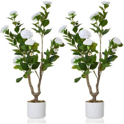 2 pièces 35 po Camellia artificiel en pot, fleurs réalistes pour la décoration intérieure et extérieure de bureau à domicile