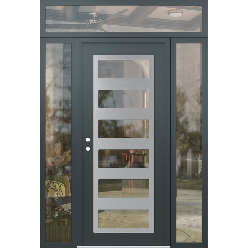 C9 droite 68 po X 96 po Panneau d'entrée en acier argenté anthracite et verre transparent anthracite avec 2 portes d'entrée latérales et porte avant en verre transparent