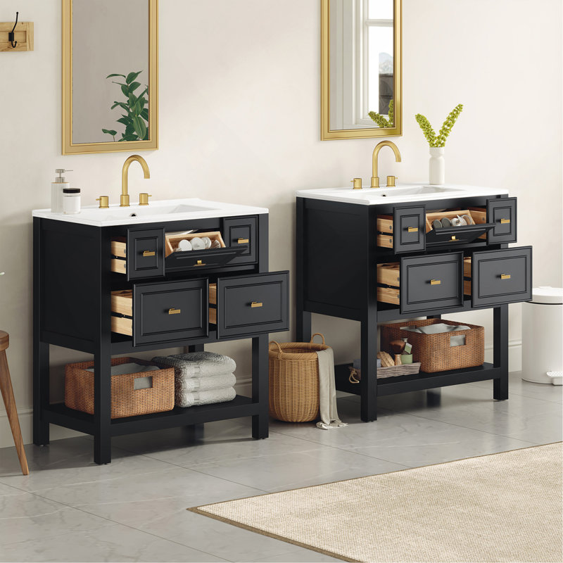 Ensemble de meuble-lavabo 60 po avec lavabo en céramique (séparé), ensemble de meuble-lavabo sur pied simple avec tiroirs, armoire de rangement en bois massif