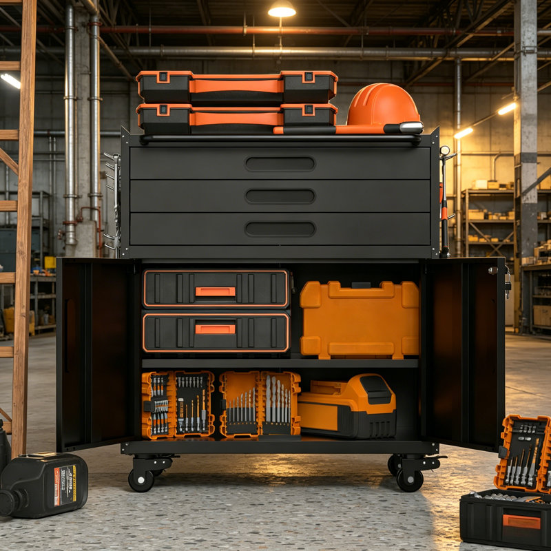 34.3 Inch Heavy Duty Rolling Metal Tool Cabinet, 3 Drawer Garage Storage With Lockable Doors & Mobile Workbench For Workshop & Home Use