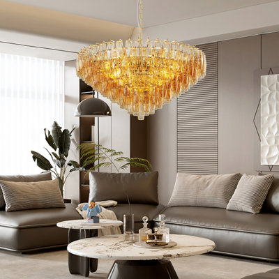 14-Light 37" Dimmable Round Tiered Chandelier Pendant Lights With Tiered Smoke Glass Tubes