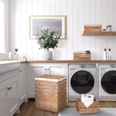 Ensemble de panier à linge portable Premium Premium tissé à la main avec poignées de transport, rangement pour vêtements, literie, draps, rotin, ensemble de panier à linge 3 pièces
