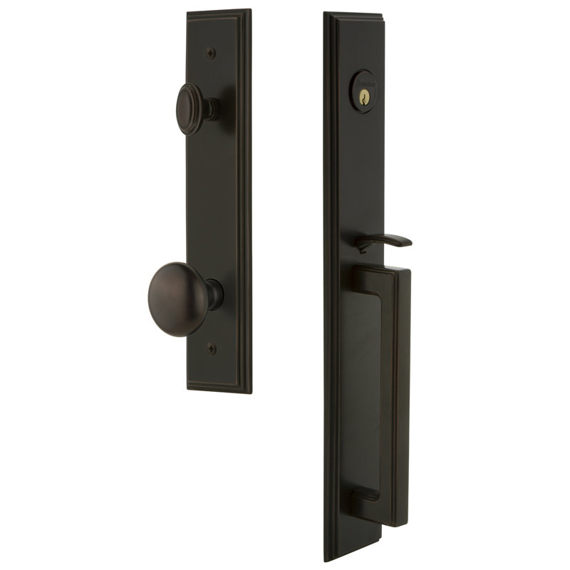 Carré Handleset with Single Cylinder Deadbolt and Fifth Avenue Door Knob and Rosette, 2.75", Timeless Bronze