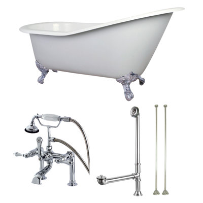 Kingston Brass Aqua Eden 62-Inch Cast Iron Oval Single Slipper Clawfoot Tub with Faucet Drain and Supply Lines Combo