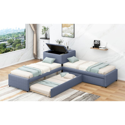 Lit plateforme tapissier en L avec lit gigogne et deux tiroirs reliés par un bureau intégré, simple, gris