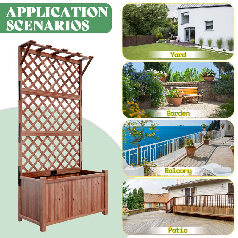 Raised Garden Bed with Trellis, Natural Wood Planter Box with Drainage, Privacy Screen, Easy Assembly — For Vegetables and Climbing Plants, Outdoor Patio/Yard