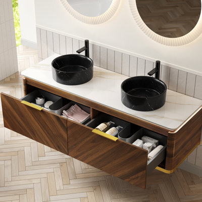 Meuble-lavabo de 60 po avec 2 lavabos vasques ronds en céramique à motif de pierre noire, plateau fritté, tiroirs avec capteur, armoire flottante en noyer foncé, éclairage à DEL à détection automatique de haute qualité, simple