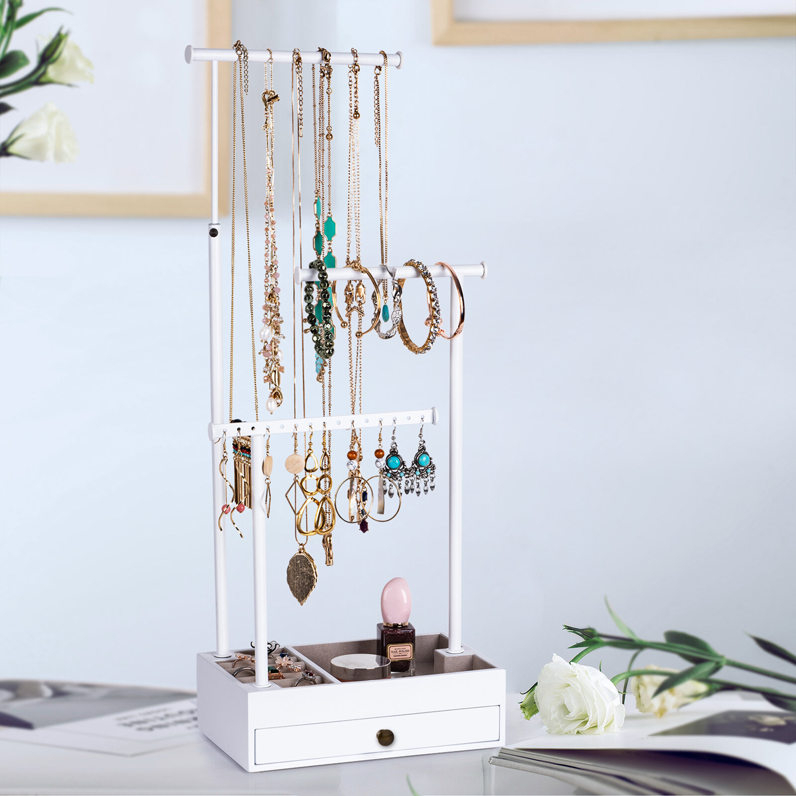 Aesthetic jewelry stand necklace holder with 10 Hooks,6-Tier necklace tree  stand organizer stand,ring necklace and bracelet holder,white jewelry stand