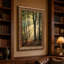 Toile dorée à travers de grands arbres forestiers, art mural-1660231180