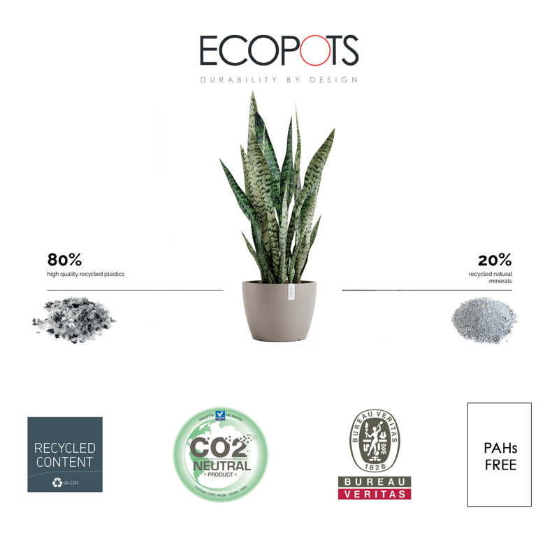 Ecopots Stockholm Indoor/Outdoor Modern Recycled Plastic Flower Pot Planter, Taupe, 7" H x 9.5" W x 9.5" D