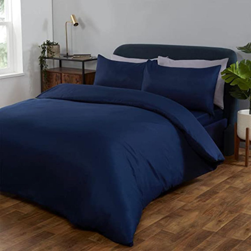 Stitt Polycotton Cover Set, Dark Blue, King Duvet Cover + 2 Standard Pillowcases
