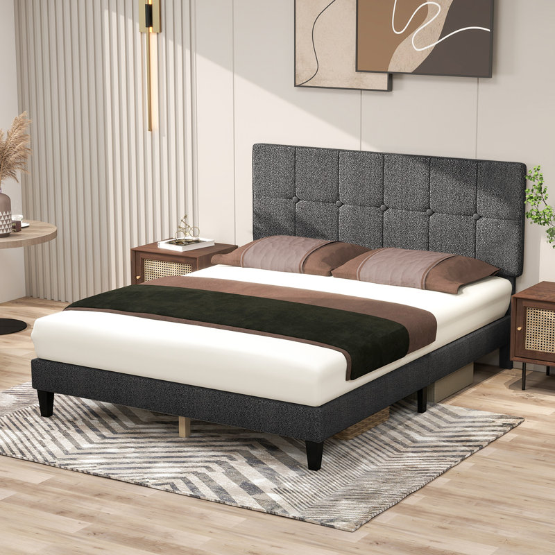 Platform Bed Frame with Upholstered Adjustable Headboard, No Box Spring Needed, Dark Grey, Queen