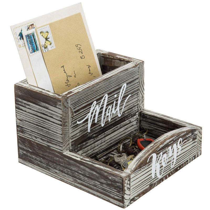 Rustic Torched Wood Mail Holder And Key Organizer Entryway Storage Tray With Cursive Mail And Keys Word Design