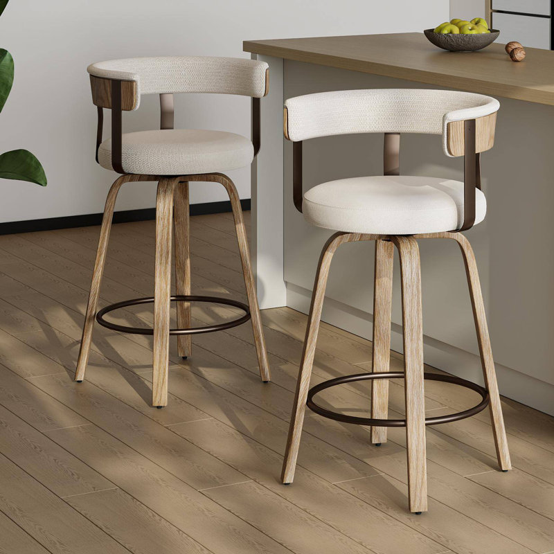 26'' Upholstered Swivel Counter Stool With Back And Bentwood Legs For Kitchen Island, Beige Seat/Natural Frame