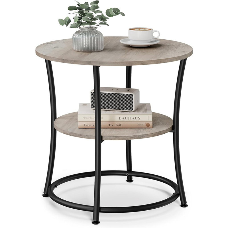 Table d'appoint ronde, table de bout à 2 niveaux, table de chevet avec structure en acier et plateau spacieux pour les petits espaces, salon et chambre à coucher, avec 2 tablettes de rangement, table basse décorative (Heather Greige et noir encre, ULET56BG)