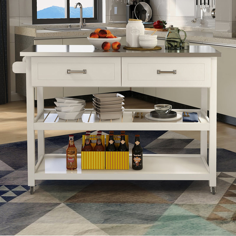 Stainless Steel Table Top Kitchen Cart In White - Two Drawers For Streamlined Cabinet Storage Cart, Organized Counter