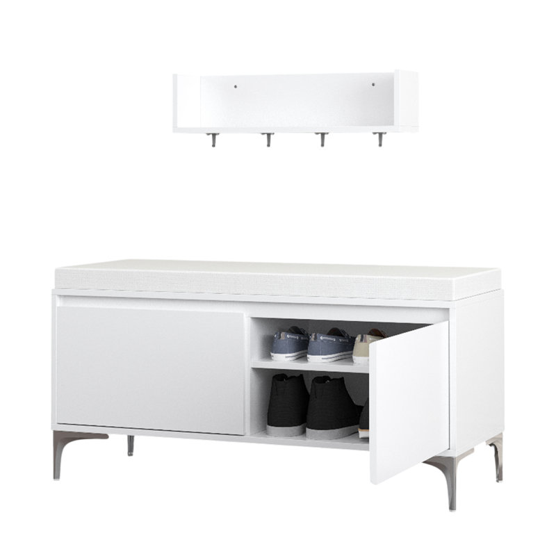 Ensemble de tablette de hall d'entrée murale avec crochets et banc de rangement, armoire à chaussures blanche moderne avec coussin et rangement fermé
