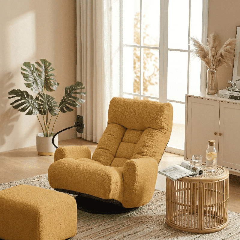 Fauteuil pivotant moderne en sherpa avec fauteuil inclinable et confortable pour le salon, Jaune