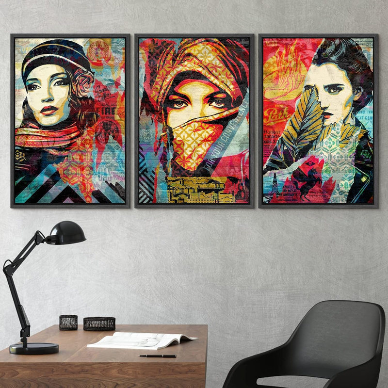 Peinture en aérosol, femmes du Moyen-Orient, graffiti et art urbain, art moderne coloré, portrait urbain, 3 pièces