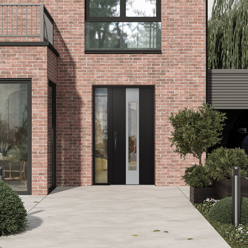 Porte d'entrée pré-suspendue en acier argenté avec panneau latéral droit Diamond A., Clair, L 50 po x H 80 po, Noir