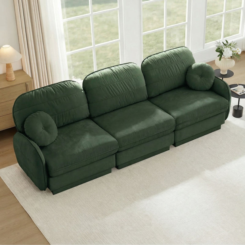 Canapé modulaire rembourré en chenille de 105 po avec 2 coussins ronds et une base encastrée, Vert