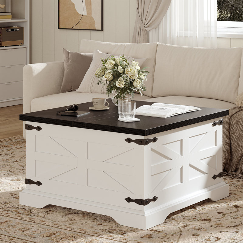 Farmhouse Coffee Table with Large Hidden Storage, Square Wood Living Room Tables, Multi-Function Lift Wooden Barn Door Center Table