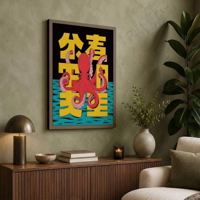 Red Octopus with Characters Modern - Wrapped Canvas, 36x24 - 91.4 x 61.0 cm, Terracotta Border