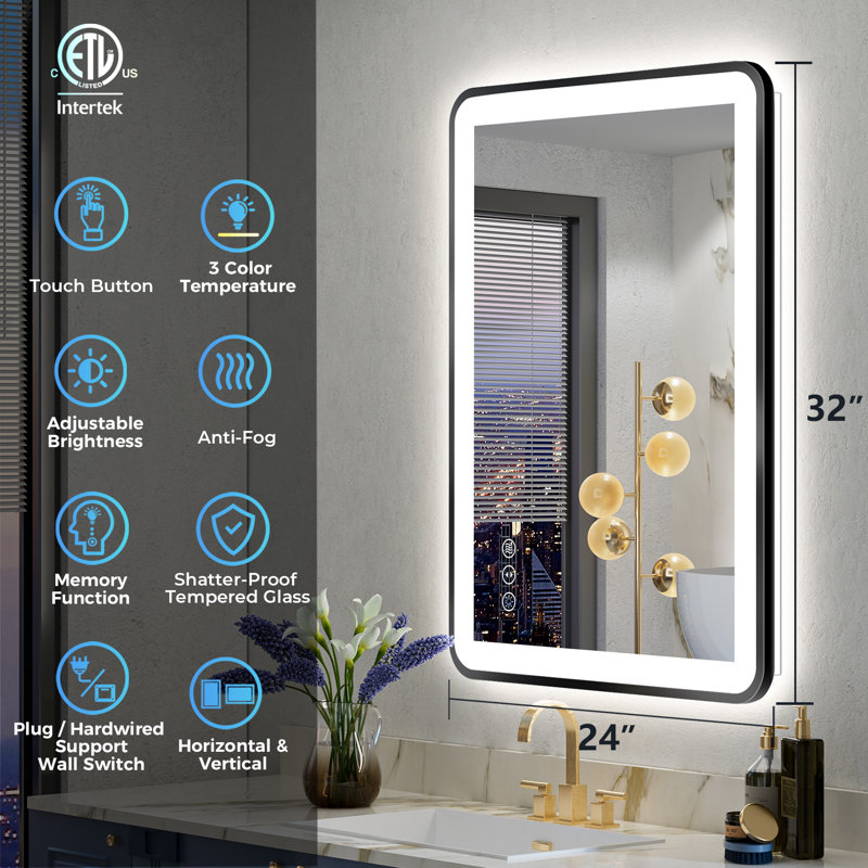 Hyosvany Matte Black Matel Framed LED Vanity Mirror with Front-lit and Back-lit, Memory Function, 3 Color Temperatures, Dimmable Light & Anti-fog Tempered Glass Mirror