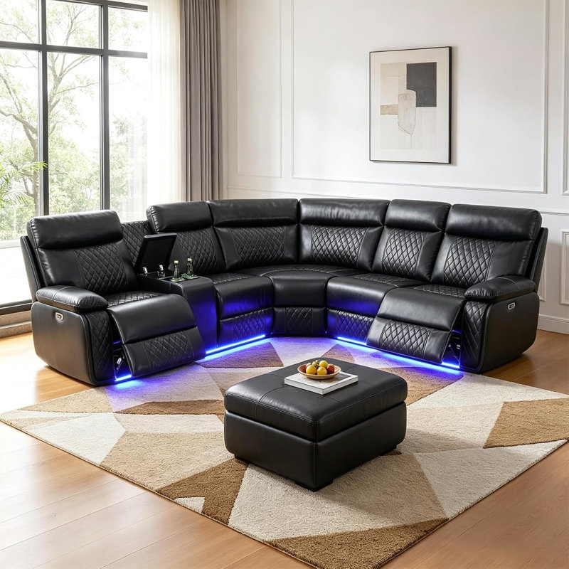 Canapé d'angle 3 pièces en cuir respirant de 4,70 m (185 po) avec inclinaison électrique, console de rangement et éclairage DEL