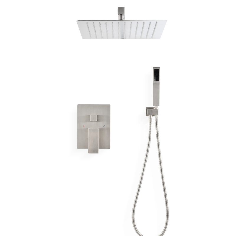 Système de douche de plafond - Tête de 16 po et à main, nickel brossé, laiton, pluie naturelle, buse autonettoyante, conforme à la norme américaine