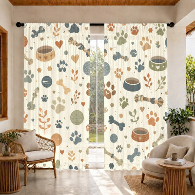 2Pcs Cute Paw Print and Bone Pattern Curtains, Light Filtering Fabric, Vintage Dog Lover Themed Design, Sunshade Privacy Protection, Rod-Pocket Style, Suitable for Living Room, Bedroom, Kids, Pet Home Decor