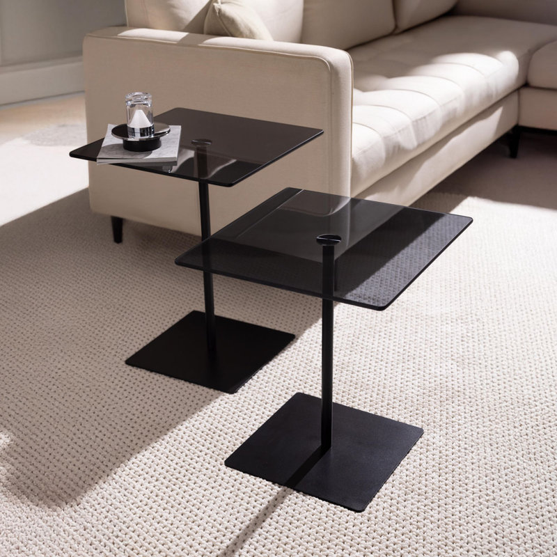Modern Coffee Table Set (2 Pieces), Black & Fume Color, 15.7 x 17.7 x 15.7 inches & 15.7 x 19.7 x 15.7 inches | 100% Tempered Glass Top & 100% Melamine Coated Particle Board Frame | Stylish & Durable for Living Room Décor