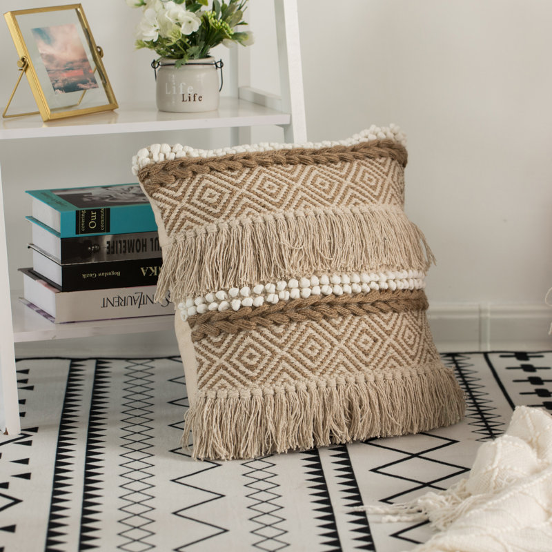 Natural Handwoven Cotton Boho Throw Pillow with Embossed Dots