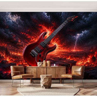 Wall Mural Peel and Stick Electric Guitar Fiery Lava Thunderstorm Clouds Dramatic Scene Large Wallpaper Self-Adhesive Removable Contact Paper Wall Decor for Living Room Bedroom Nursery 69"H x 96"W