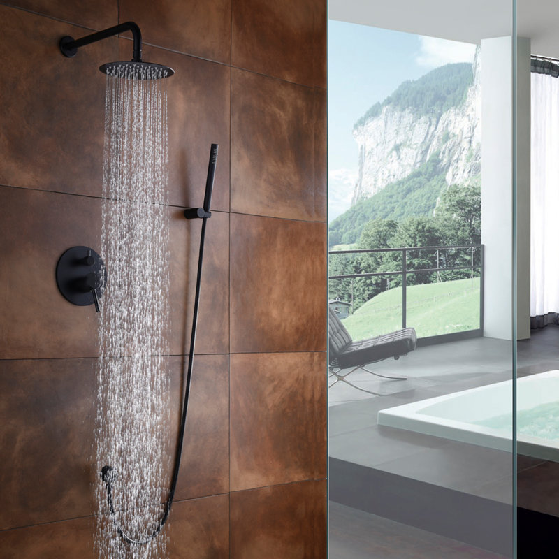 Système de douche encastré moderne Sumerain avec valve à pression équilibrée, douche de pluie murale à poignée simple avec douche à main, noir mat