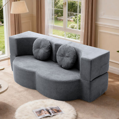 Canapé-lit pliable en velours sans os 75,5 po Lychee, sans assemblage requis avec deux coussins, gris