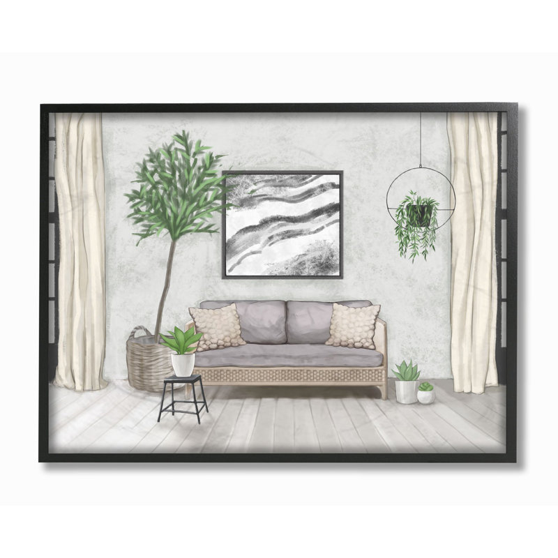 «Modern Living Room Interior Design Green Grey», impression, H 24 po x l 30 po, Giclée encadrée noir minuit