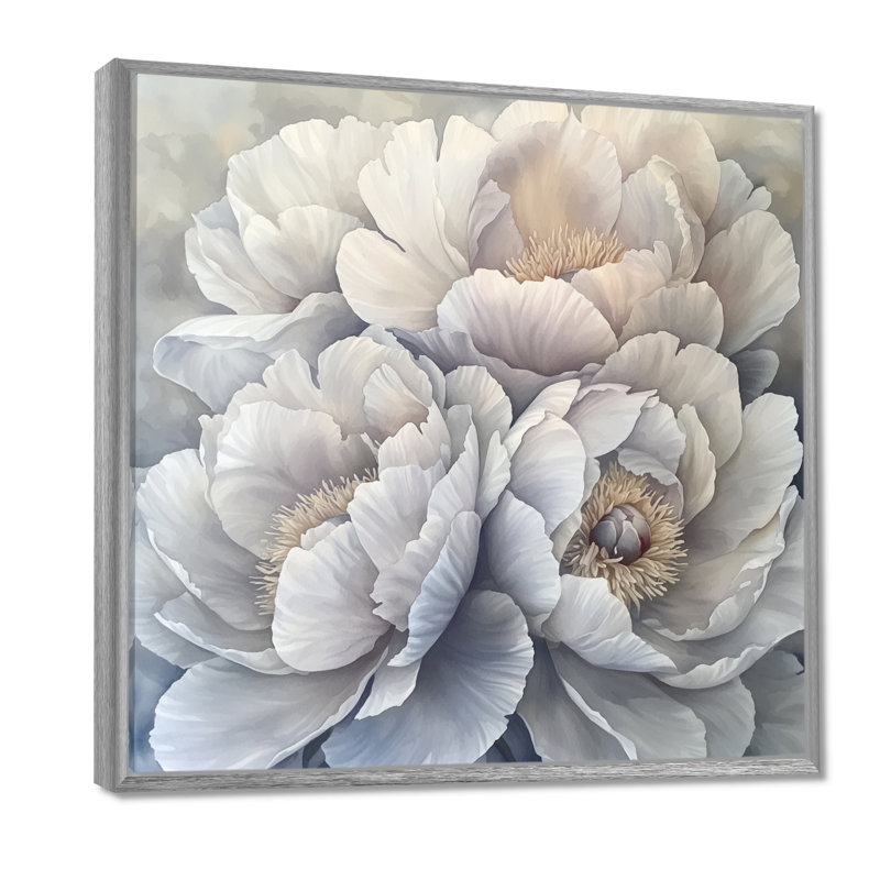 Fleurs givrées monochromes de pivoines II - pivoines, reproduction d'art sur toile, H 30 po x l 30 po, Argent argent
