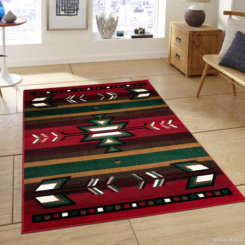 Red and Green Southwestern Geometric 5' x 7' Synthetic Rug