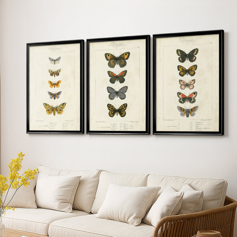 «Mauve Butterflies IV» - Toile tendue avec châssis sur mesure - 3 pièces, H 15 po x l 19 po, Noir
