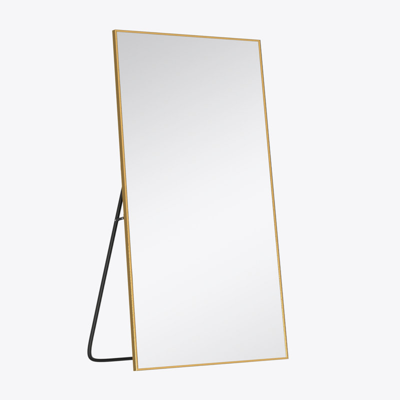 Lensa Rectangle Metal Full Length Wall Mirror with Embedded Bracket, Gold, 59" x 28"