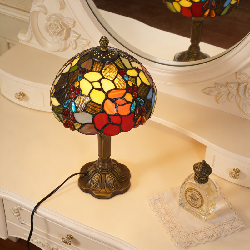 Lampe de table en vitrail Tiffany, base en résine bronze, ampoule incluse