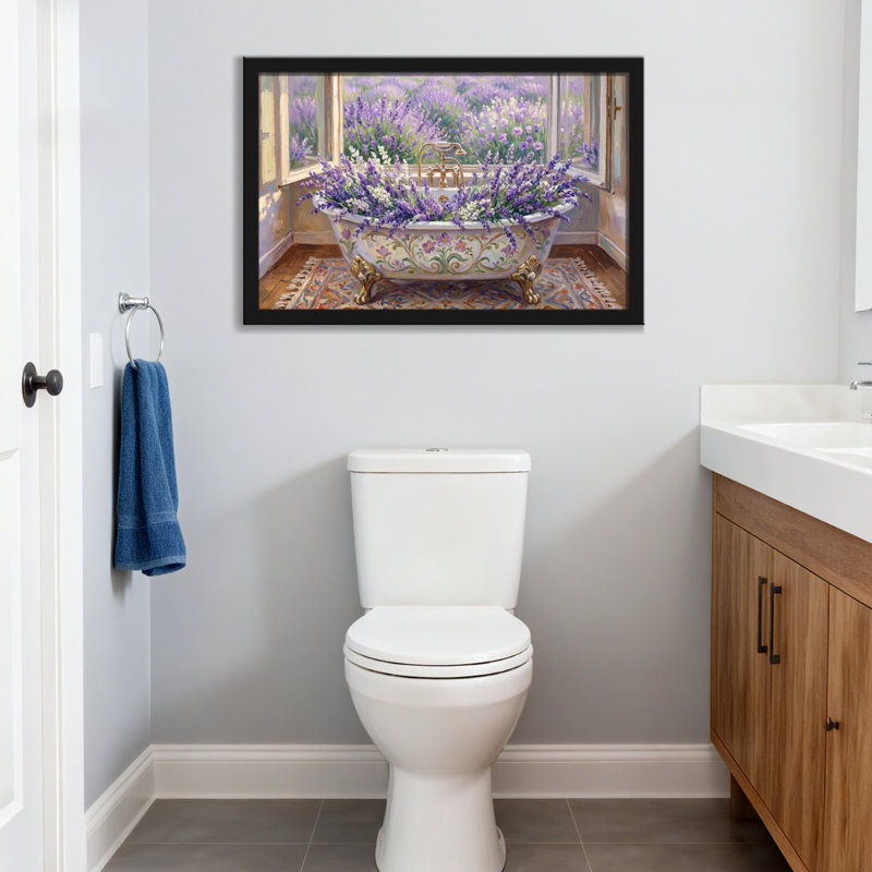 Scène de fenêtre de baignoire lavande, 12" H x 18" W, Toile tendue, Ne s’applique pas