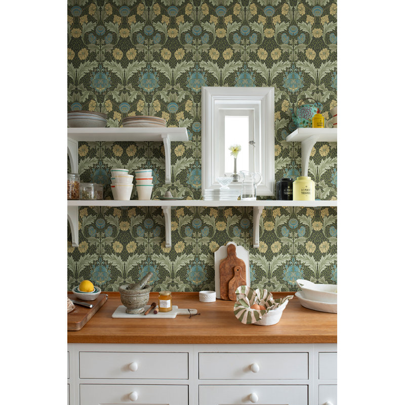 Papier peint floral Myrtle Ogee, Vert / Beige