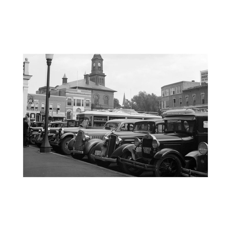 1930s Buses Cars Parked Small Town Square Claremont New Hampshire USA by Vintage Images - Wrapped Canvas Gallery-Wrapped Canvas Giclée