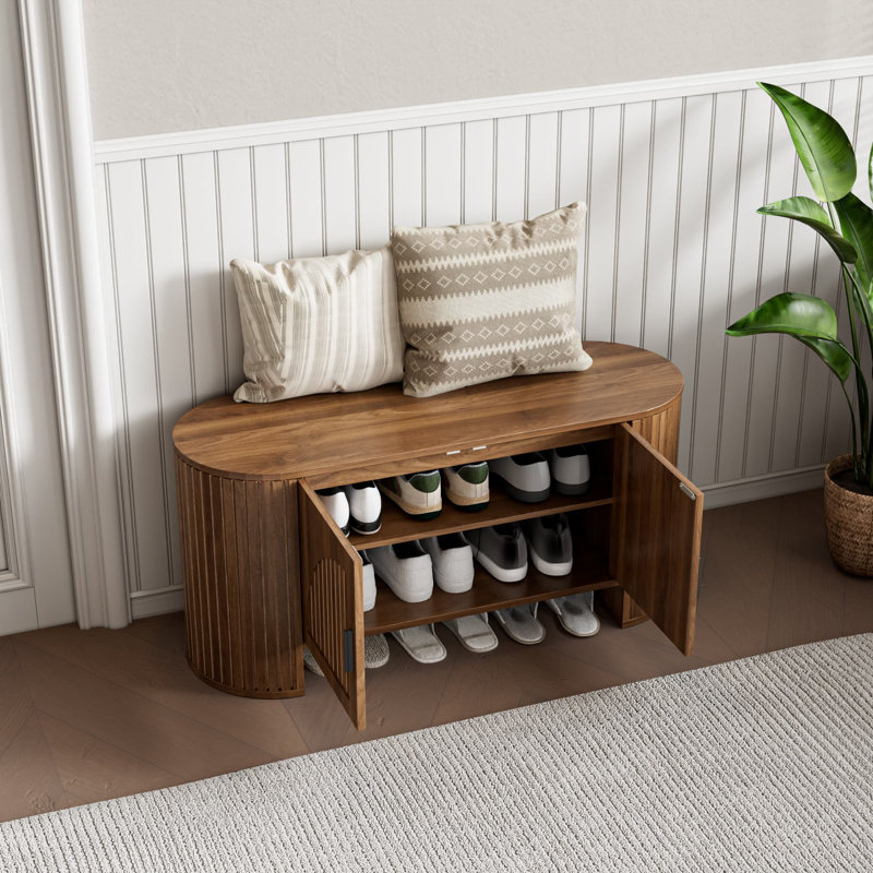 Banc de rangement pour 6 paires de chaussures avec 2 portes et tablette réglable