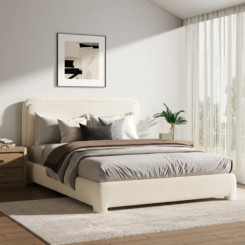 Bensu Boucle Upholstered Platform Bed, Queen, Cream